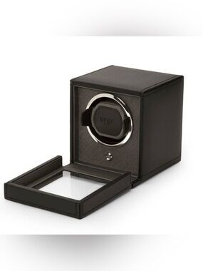 WOLF Black Leather Single Watch Winder with Silver-Tone Accents